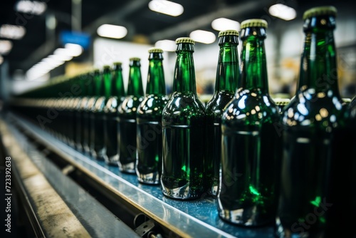 Beer bottles lined up on production line.