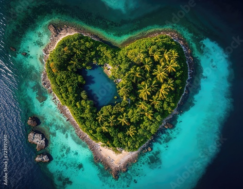 Love Vacation Concept. Aerial Shot of Tropical Island in the Shape of a Heart. Generative AI. photo