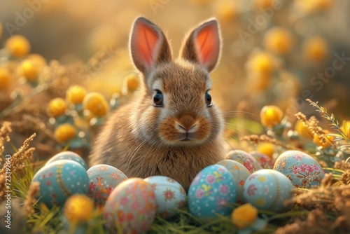 A fluffy domestic rabbit hops amongst the colorful easter eggs in a field of tall grass and blooming flowers, embodying the essence of spring and new beginnings © Larisa AI
