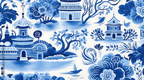 Blue Willow seamless Pattern, Chinese Blue Willow Motifs, Scrapbooking, Chinoiserie digital seamless paper photo
