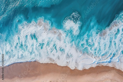 Dramatic Overhead Shot of a Tropical Beach. Crashing Waves and Golden Sands Background. photo