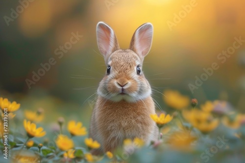 A small domestic rabbit frolics in a vibrant field of yellow flowers, embodying the freedom and joy of wildlife in the great outdoors