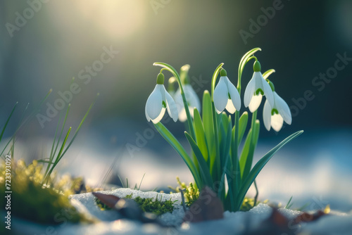 The first spring snowdrops in the garden. Background with selective focus and copy space