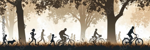 Scene of silhouette people in park or outdoor setting exercising enjoying nature. Family are walking dog. Runners running or jogging. Cyclists cycling bikes or bicycles and children playing ball game  photo