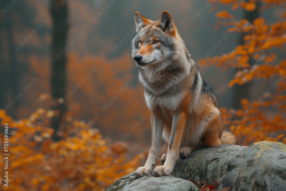 Fototapeta premium Amidst the autumn landscape, a majestic canis stands upon a rocky throne, its keen gaze surveying the wilderness with a sense of wild grace and untamed freedom