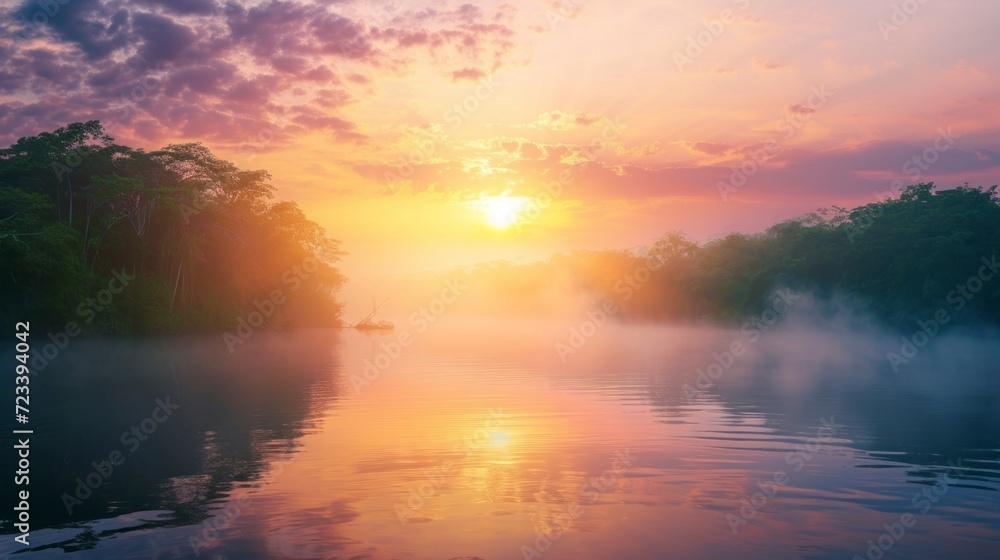 majestic amazon river in a foggy sunrise