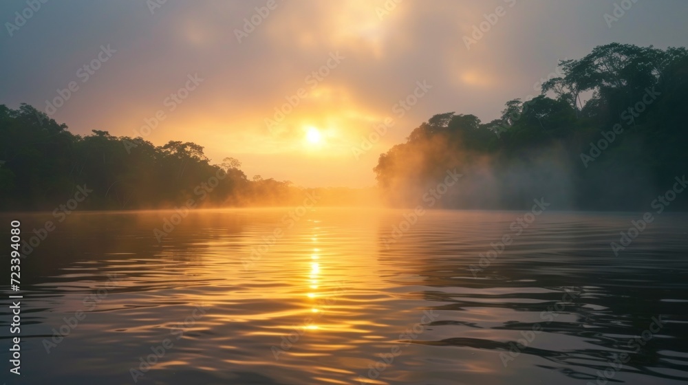 Naklejka premium majestic amazon river in a sunrise with beautiful fog