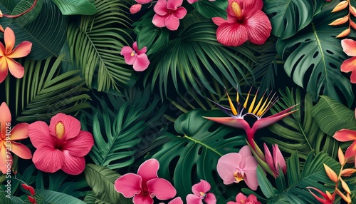 Tropical floral seamless pattern background with exotic flowers, palm leaves, jungle leaf, orchid