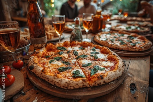 Indulging in a california-style pizza feast, a person sits at an indoor table surrounded by tableware and a cold beer, ready to devour the gooey pizza cheese and freshly baked italian delights