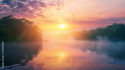 majestic amazon river in a foggy sunrise photo