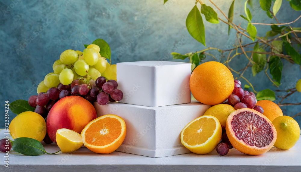 Mock up podium, a lot of citrus orange and lemon and peach and grape on background, morning light, mockup Mock up podium, a lot of citrus orange and lemon and peach and grape on background, morning light, mockup