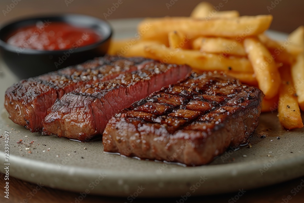 Indulge in a mouth-watering feast of sizzling steak and golden fries, dripping with succulent flavors of pork, beef, and venison, all expertly cooked and served on a rustic plate of french cuisine