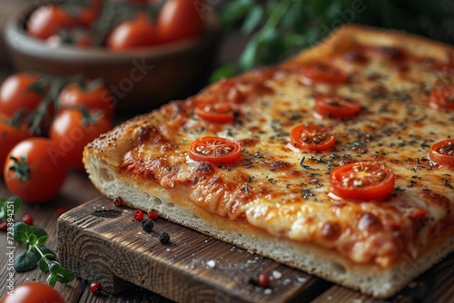Indulge in a mouthwatering california-style pizza topped with juicy cherry tomatoes and gooey cheese, perfect for a cozy indoor dinner or a quick bite of italian fast food