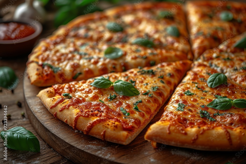 Indulge in a mouthwatering slice of california-style pizza, topped with gooey cheese and baked to perfection on a wooden board, a delicious dish that captures the essence of italian cuisine and the c Indulge in a mouthwatering slice of california-style pizza, topped with gooey cheese and baked to perfection on a wooden board, a delicious dish that captures the essence of italian cuisine and the c