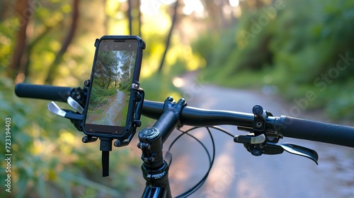 Smartphone holder for bike. Cell phone holder on bicycle to use gps.  photo