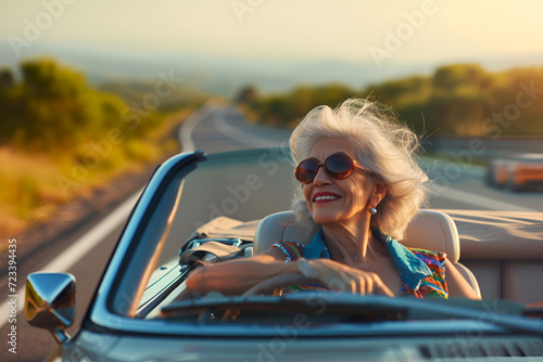 Senior lady driving a convertible on a sunny road. Joyful elderly woman enjoying a drive in her convertible. Graceful senior embracing the freedom of the open road. Active seniors concept