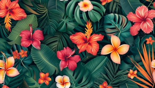 Tropical floral seamless pattern background with exotic flowers, palm leaves, jungle leaf, orchid