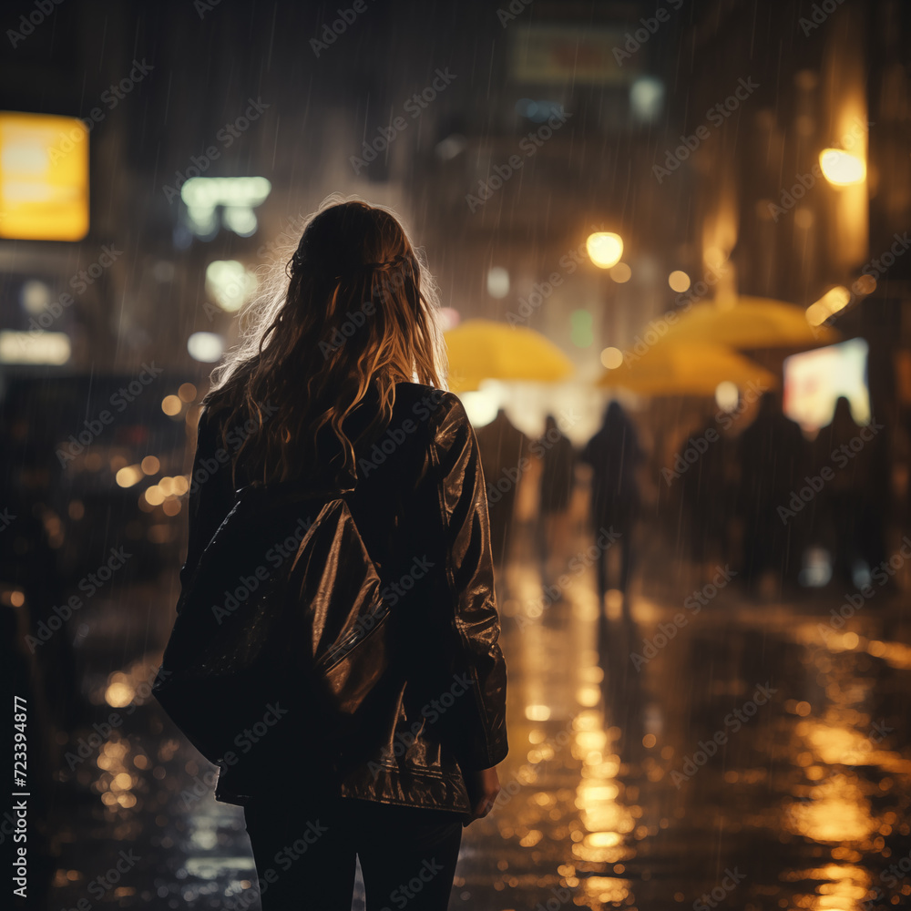 Obraz premium Woman standing in the rain with the blurred city behind her, wearing a raincoat and a backpack 