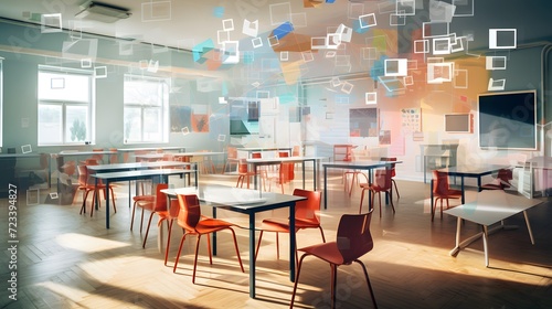 Generative ai picture collage of classroom interior with school desks chair for teaching learning students © Ziyan