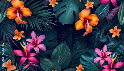 Tropical floral seamless pattern background with exotic flowers  palm leaves  jungle leaf  orchid