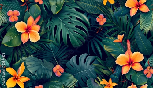 Tropical floral seamless pattern background with exotic flowers  palm leaves  jungle leaf  orchid