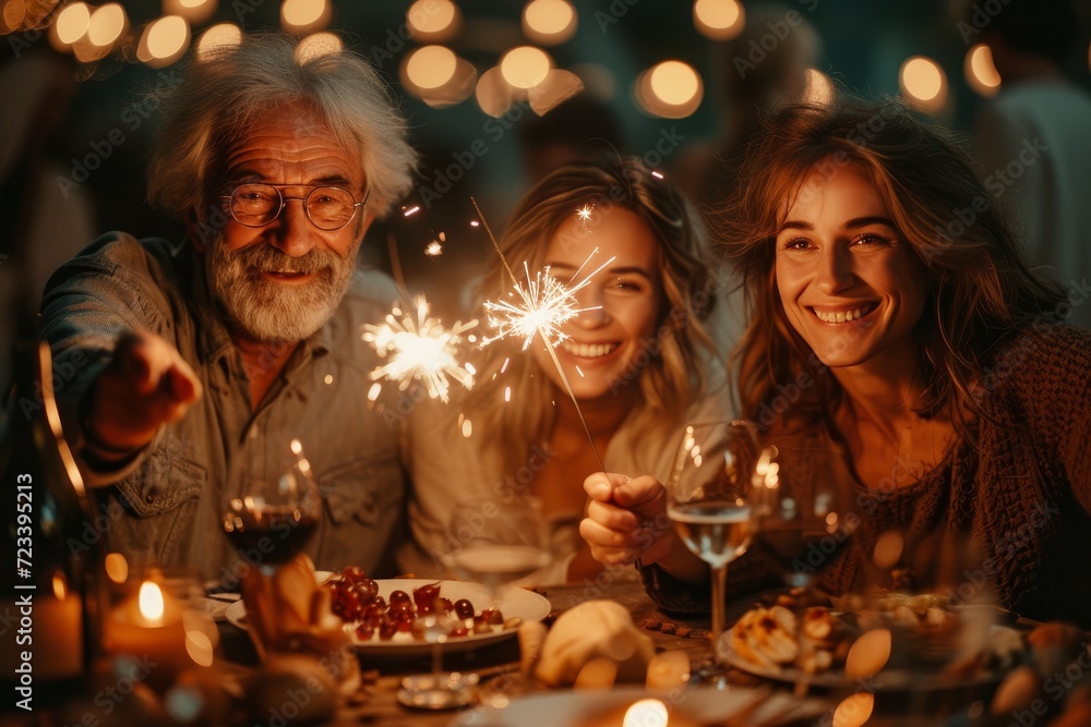Amidst a festive dinner party, a group of elegantly dressed individuals share laughter and wine while holding sparkling candles, creating a warm and joyful atmosphere