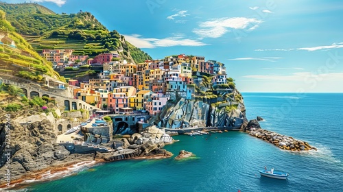 A picturesque and vibrant cityscape nestled amidst the mountainous terrain overlooking the Mediterranean Sea in Europe's Cinque Terre region, featuring traditional Italian architectural charm. 