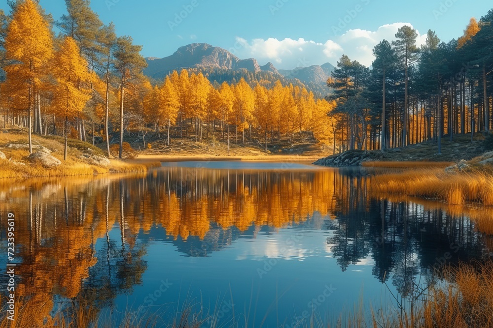 Obraz premium A serene autumnal oasis, nestled within the untamed wilderness, where larch trees reflect the vibrant sky above and mountains stand tall in the distance