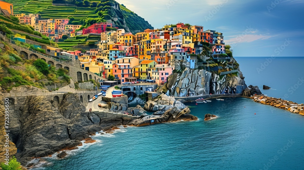 A picturesque and vibrant cityscape nestled amidst the mountainous terrain overlooking the Mediterranean Sea in Europe's Cinque Terre region, featuring traditional Italian architectural charm. 