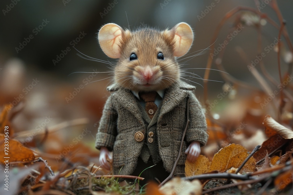 An unexpected sight in the great outdoors, a sophisticated rodent dons a dapper suit and tie amidst the leaves, showcasing the wild versatility of the muridae family An unexpected sight in the great outdoors, a sophisticated rodent dons a dapper suit and tie amidst the leaves, showcasing the wild versatility of the muridae family