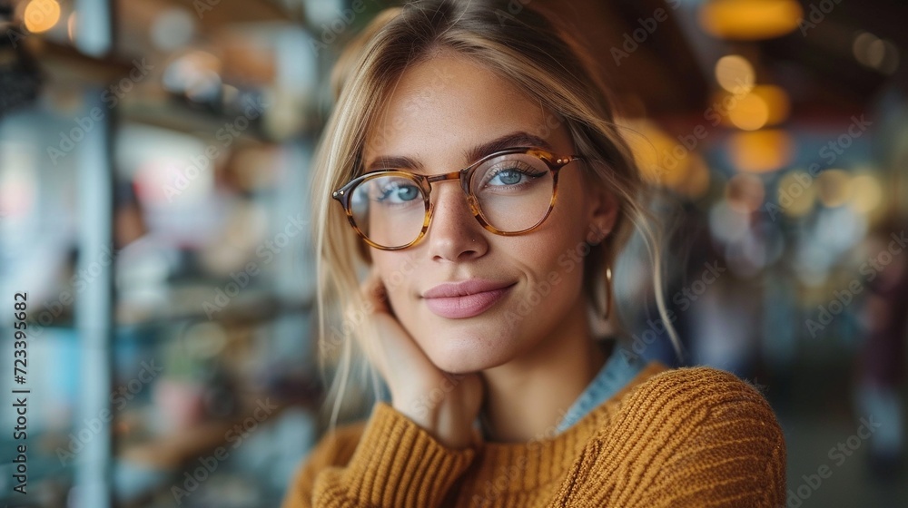 Portrait of a customer choosing, buying and shopping for frames for better vision and eyesight.generative ai Portrait of a customer choosing, buying and shopping for frames for better vision and eyesight.generative ai