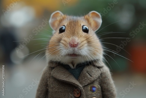 A tiny rodent dons a coat, braving the outdoors with its whiskers and mammalian instincts as it explores the world beyond its cozy mousehole photo