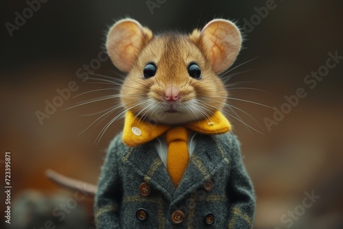 A sophisticated muroidea donning a tailored suit and tie, defying its rodent roots and charming the viewer with its unexpected elegance photo