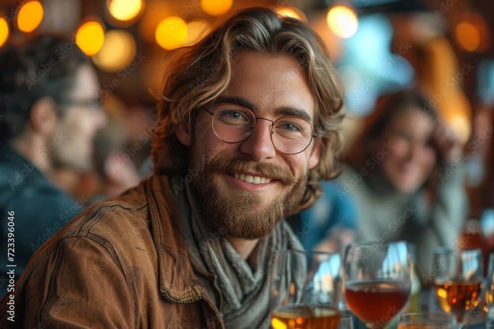 A jovial man with a beaming smile holds up a glass of his favorite alcoholic beverage in a stylish bar, exuding warmth and enjoyment in every sip A jovial man with a beaming smile holds up a glass of his favorite alcoholic beverage in a stylish bar, exuding warmth and enjoyment in every sip