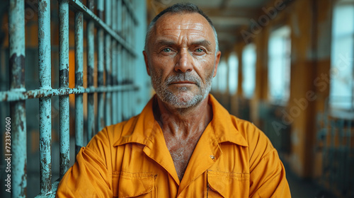 A prisoner in a prison uniform, in a prison corridor photo