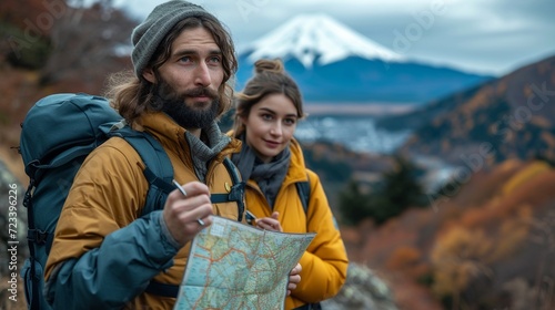 A young couple bearded international travel in Fuji japan landmark is navigating map,generative ai