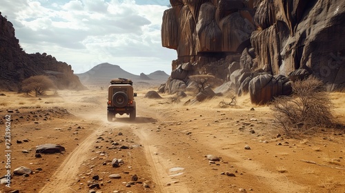 Safari and travel to Africa, extreme adventures or science expedition in a stone desert  photo
