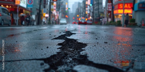 Fototapeta Naklejka Na Ścianę i Meble -  Decay Meets Modernity: The Contrast of a Cracked City Road Under the Gleam of Neon Lights on a Rainy Evening, Generative AI