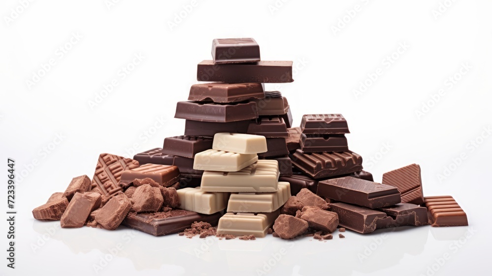 A variety of gourmet chocolate pieces on white background, close-up. Concept of sweet treats, confectionery, gourmet dessert. A variety of gourmet chocolate pieces on white background, close-up. Concept of sweet treats, confectionery, gourmet dessert.