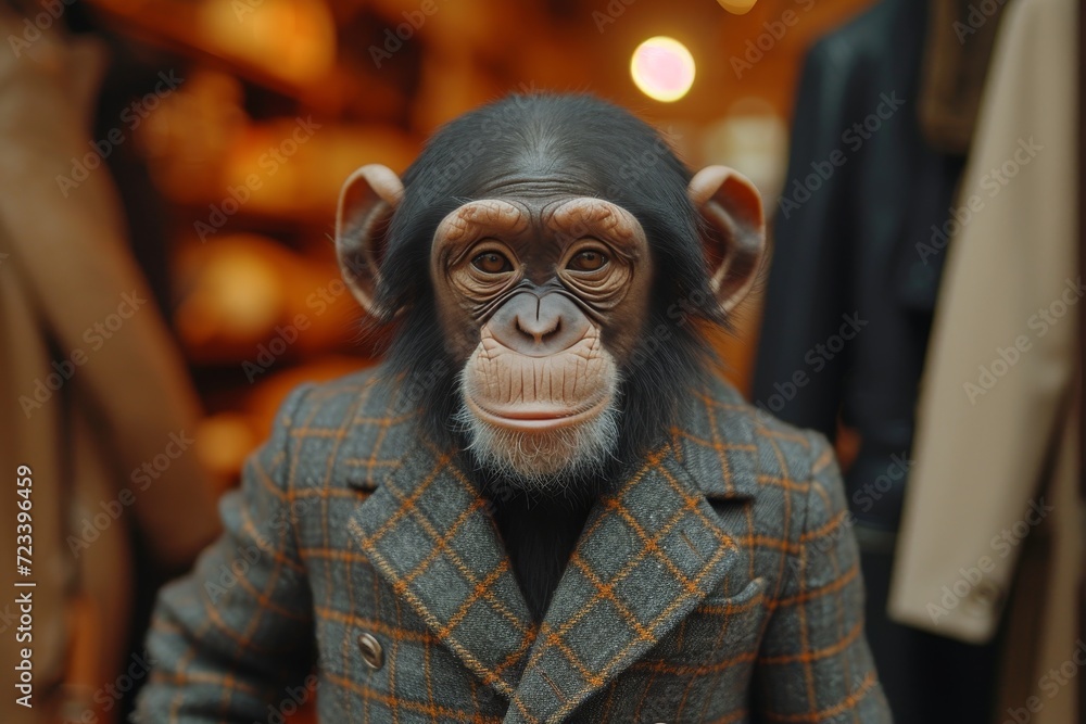 A wrinkled chimpanzee stands indoors wearing a jacket, mimicking the style and poise of a human, evoking a sense of curiosity and playfulness