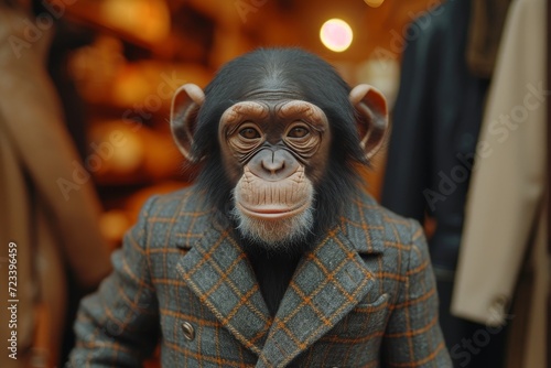 A wrinkled chimpanzee stands indoors wearing a jacket, mimicking the style and poise of a human, evoking a sense of curiosity and playfulness © Larisa AI