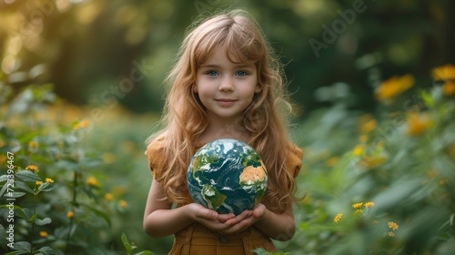 A young girl environmentalist holding the planet earth, save world concept, generative ai