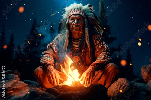 Indigenous elder in traditional attire performing ritual by fire at night. Native American shaman. Concept of indigenous culture, traditional ritual, native attire, spiritual ceremony, meditation