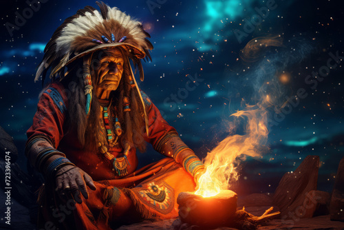 Native American elderly shaman with ceremonial headdress by a fire under the night sky. Tribal leader. Concept of indigenous culture, traditional ritual, native attire, spiritual ceremony, meditation