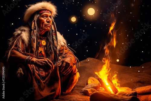 Native American elderly shaman with ceremonial headdress by a fire under night sky. Tribal leader. Concept of indigenous culture, traditional ritual, native attire, spiritual ceremony, meditation