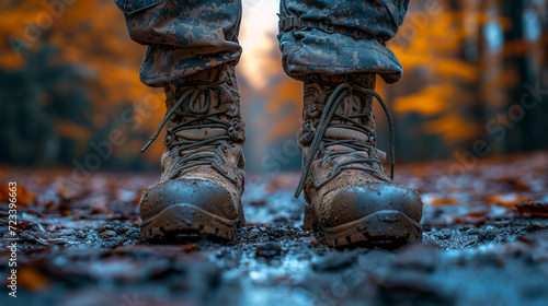 Military boots on soldier's feet, close-up picture