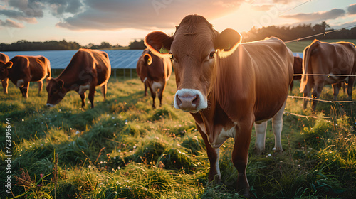 Sustainable energy and agriculture concept with cows grazing between solar panels 