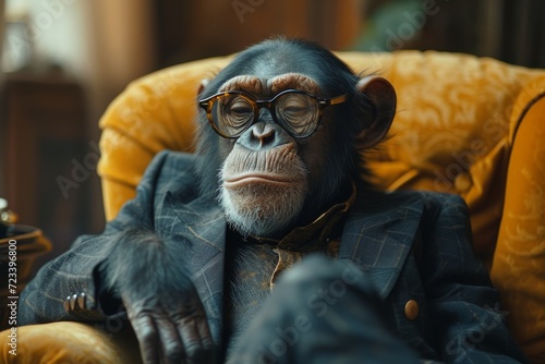 An intelligent and dapper chimpanzee, donning glasses and a suit, exudes confidence and sophistication as he lounges indoors like a distinguished person photo