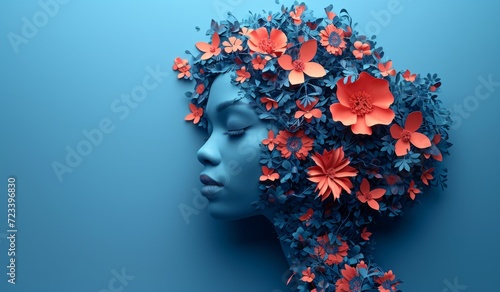 A female face surrounded by flowers on a blue background