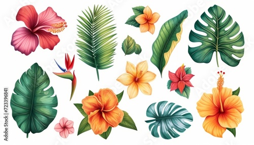 Tropical flowers, palm leaves, jungle leaf, bird of paradise flower, isolated on white background